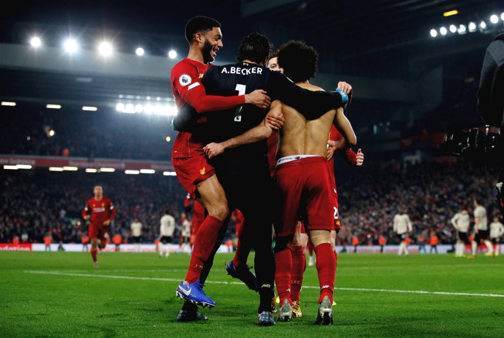 Liverpool Players Celebrate After Salah Goal vs Man United